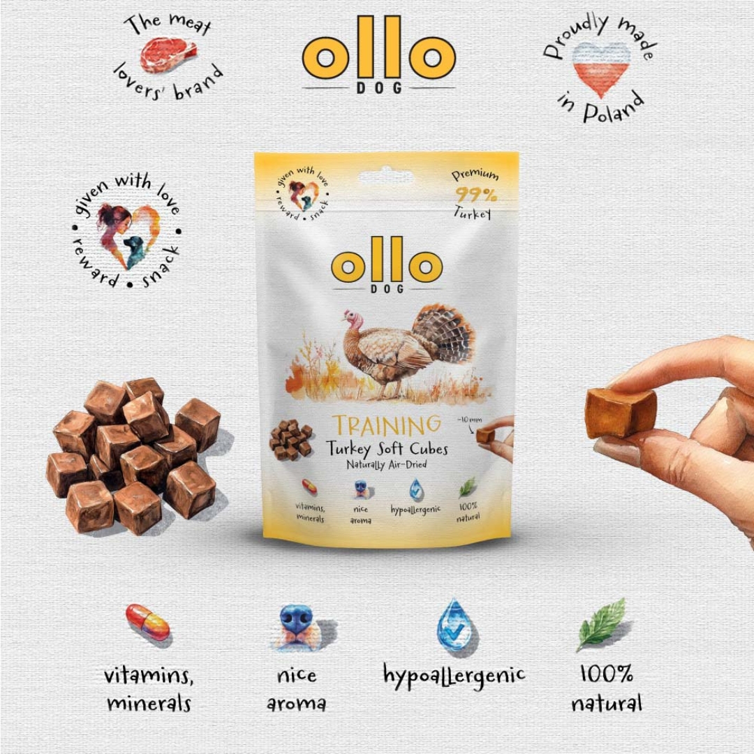 przysmaki ollo training turkey cubes, treningówki dla maltańczyka