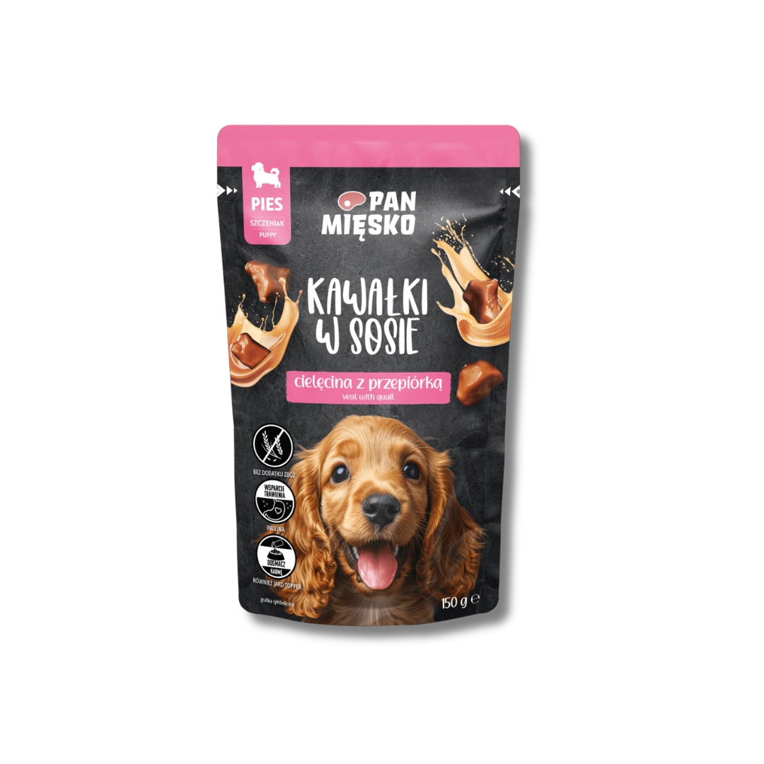 karma mokra pan miesko kawałki w sosie cielęcina z przepiórką, karma mokra dla szczeniaka maltanczyka